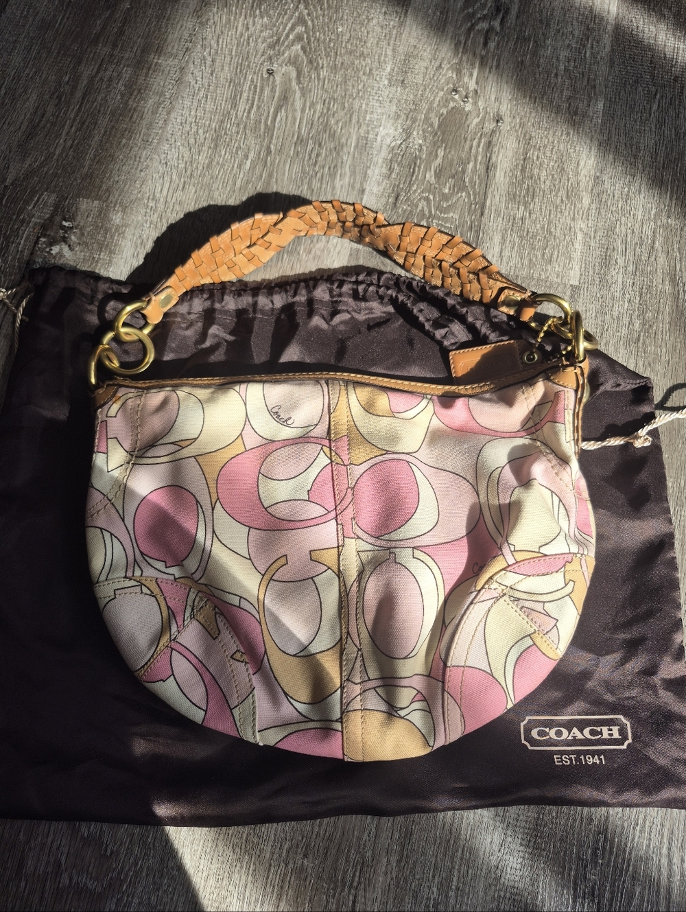 Coach Hobo Bag in Pink, Cream, Tan with Woven Tan Leather Strap - Picture 2 of 7